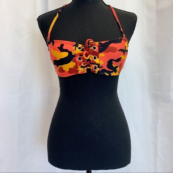 Malibu dream girl orange camo eyelet Lace-up bandeau bikini top Sz S NWOT - Picture 5 of 12